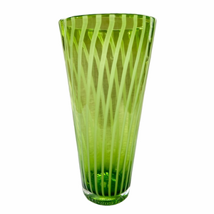 Hand Blown Glass Vase Green Vertical White Stripes Murano-Style MCM Modern Tall